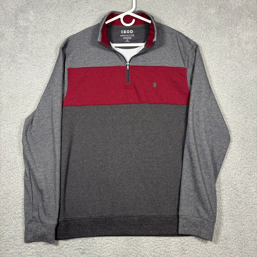 IZOD Pullover Mens LT Grey Burgundy Advantage Performance Stretch Quarter Zip